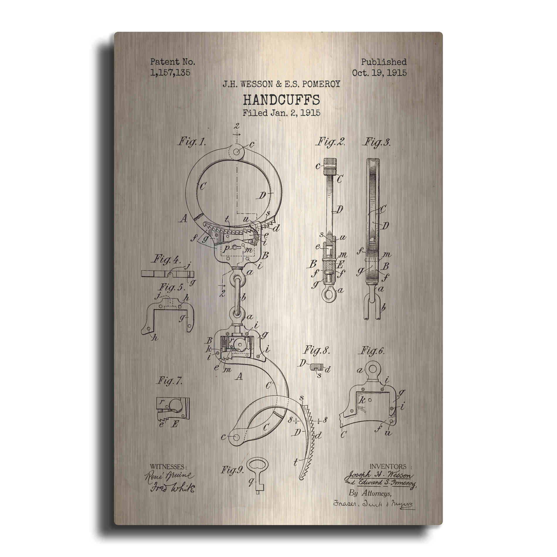 Luxe Metal Art 'Handcuffs Blueprint Patent Parchment' Metal Wall Art