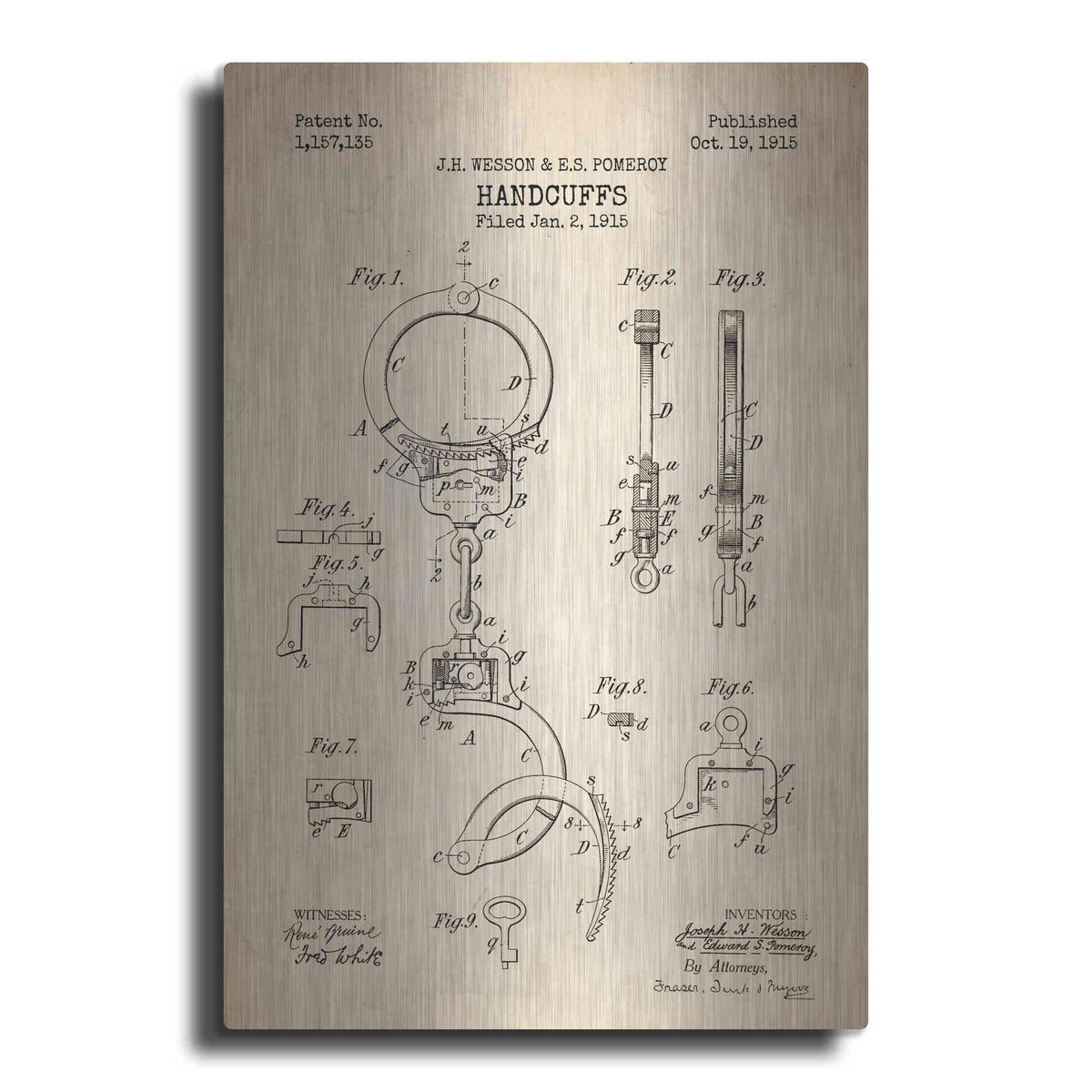 Luxe Metal Art 'Handcuffs Blueprint Patent Parchment' Metal Wall Art