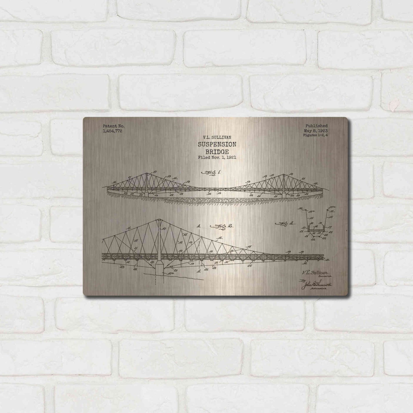 Luxe Metal Art 'Suspension Bridge Blueprint Patent Parchment' Metal Wall Art,16x12