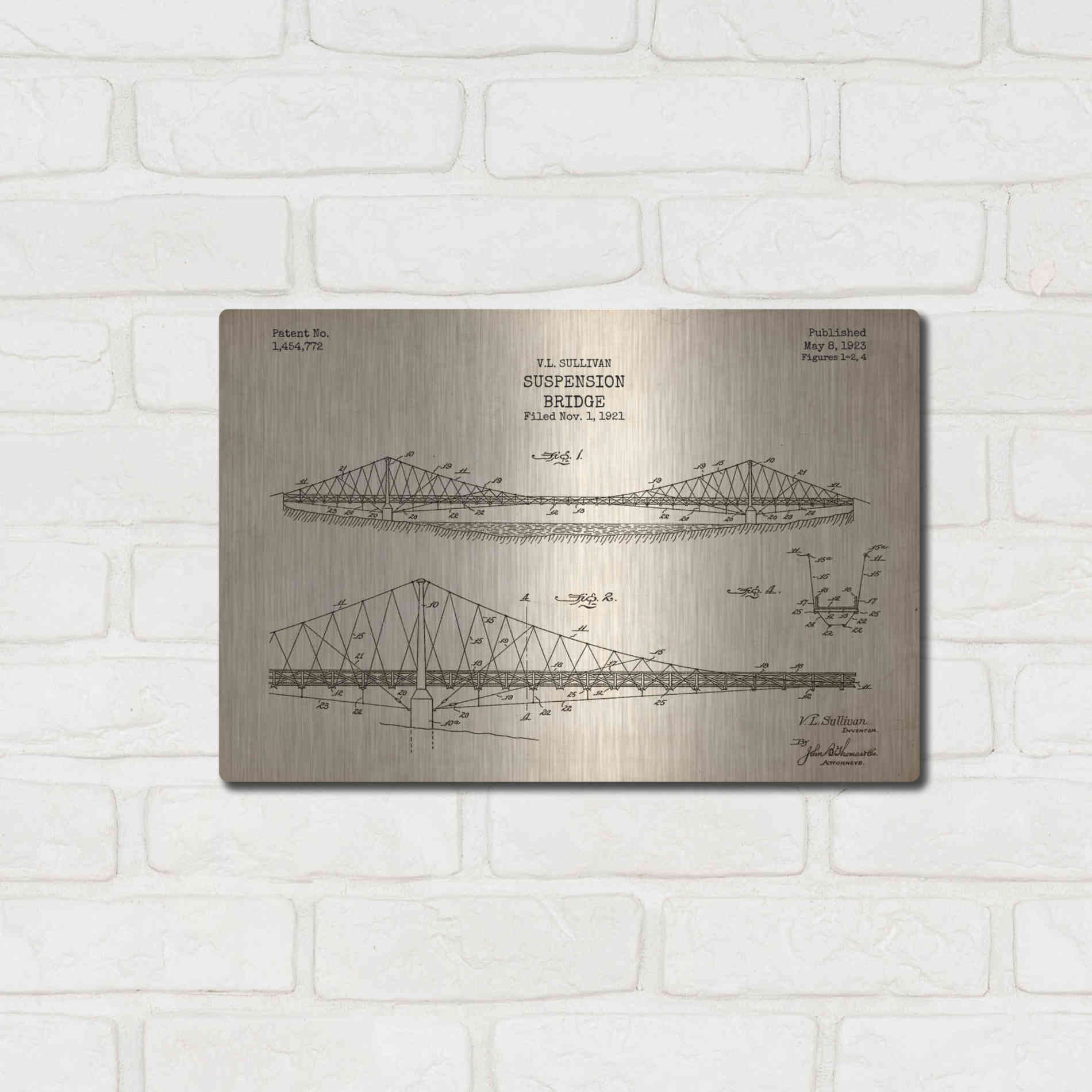 Luxe Metal Art 'Suspension Bridge Blueprint Patent Parchment' Metal Wall Art,16x12