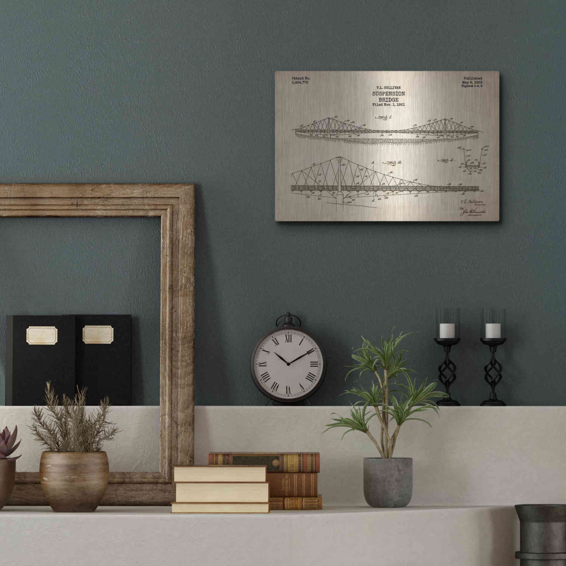 Luxe Metal Art 'Suspension Bridge Blueprint Patent Parchment' Metal Wall Art,16x12