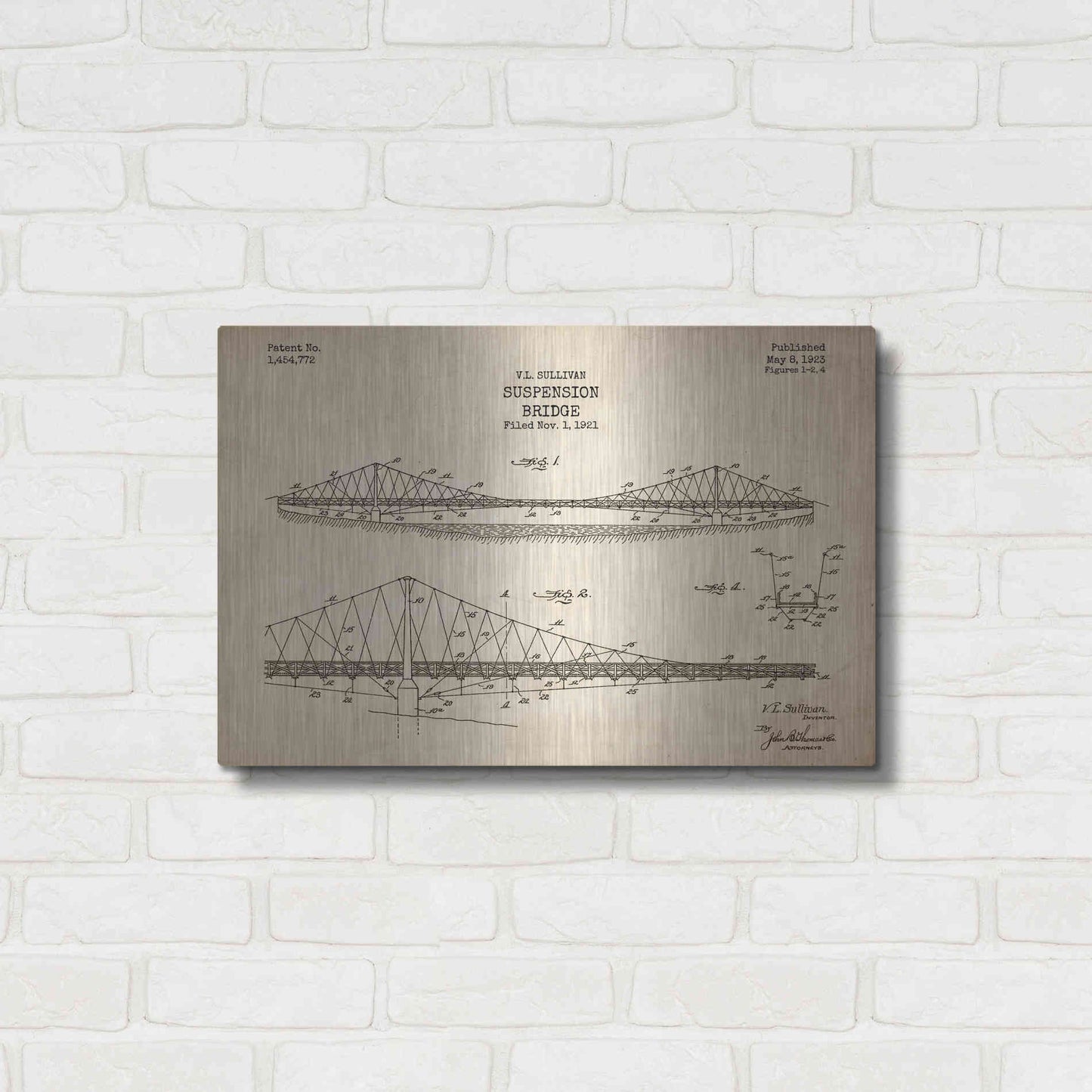 Luxe Metal Art 'Suspension Bridge Blueprint Patent Parchment' Metal Wall Art,24x16