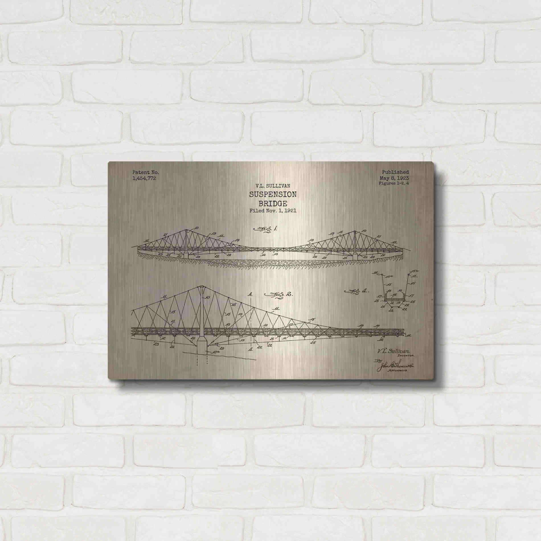 Luxe Metal Art 'Suspension Bridge Blueprint Patent Parchment' Metal Wall Art,24x16