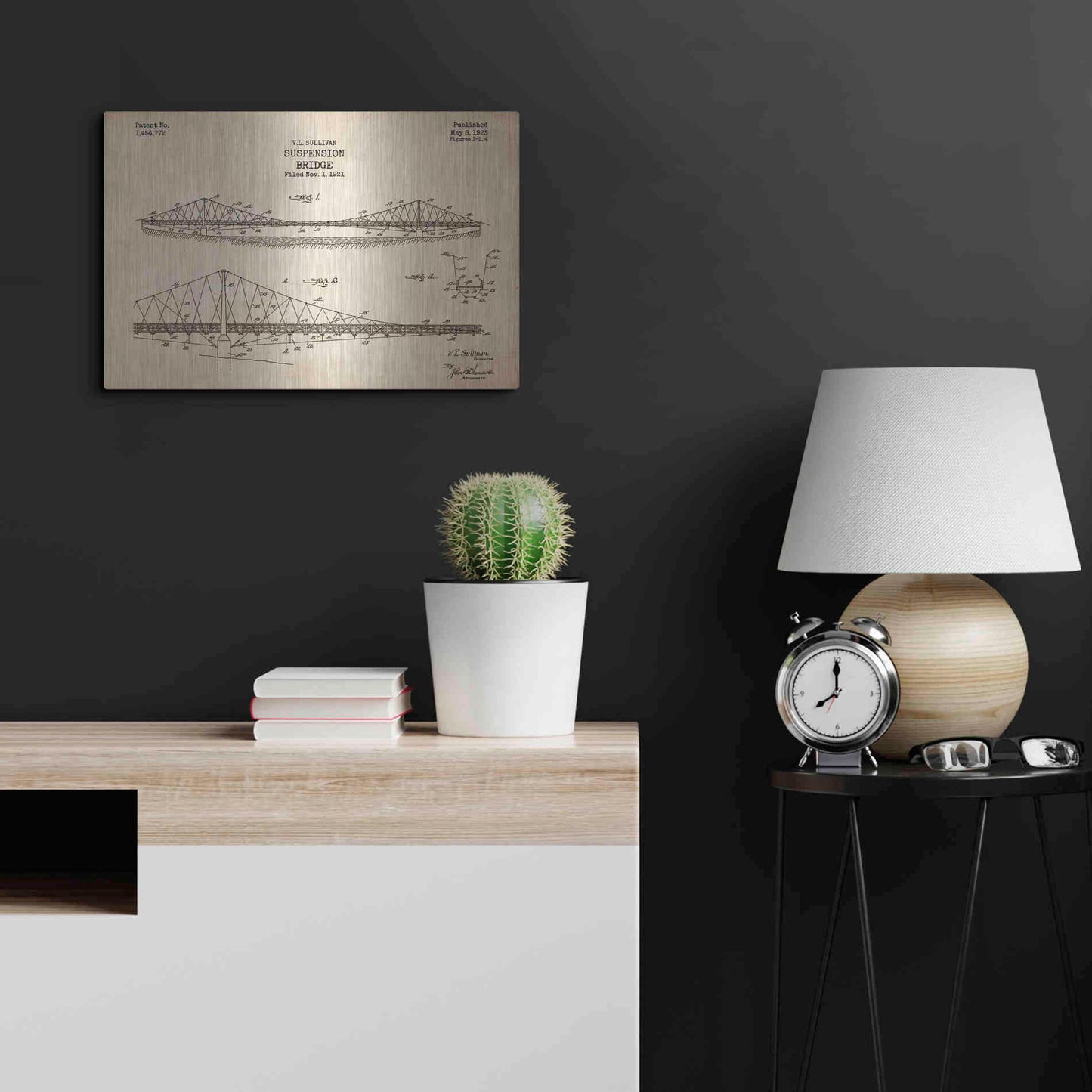 Luxe Metal Art 'Suspension Bridge Blueprint Patent Parchment' Metal Wall Art,24x16
