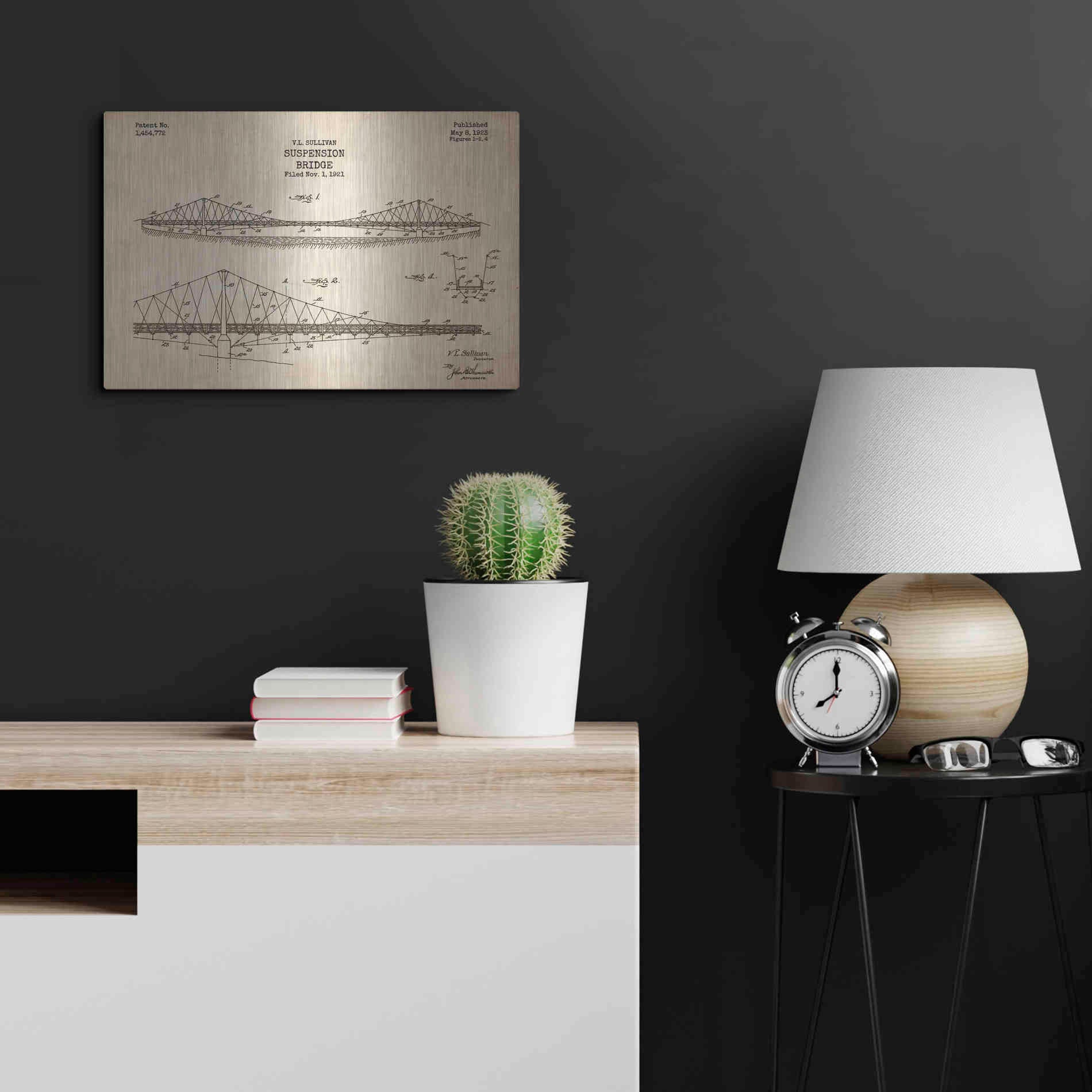 Luxe Metal Art 'Suspension Bridge Blueprint Patent Parchment' Metal Wall Art,24x16