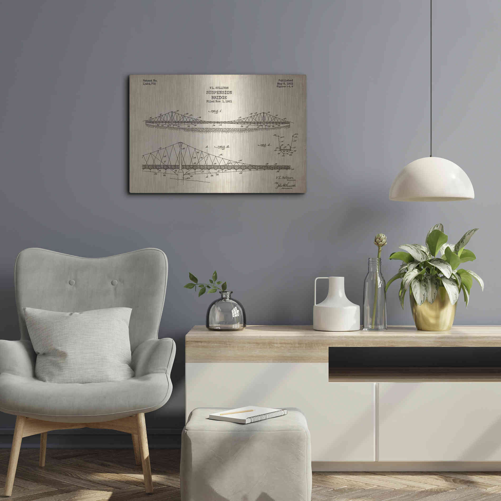 Luxe Metal Art 'Suspension Bridge Blueprint Patent Parchment' Metal Wall Art,24x16