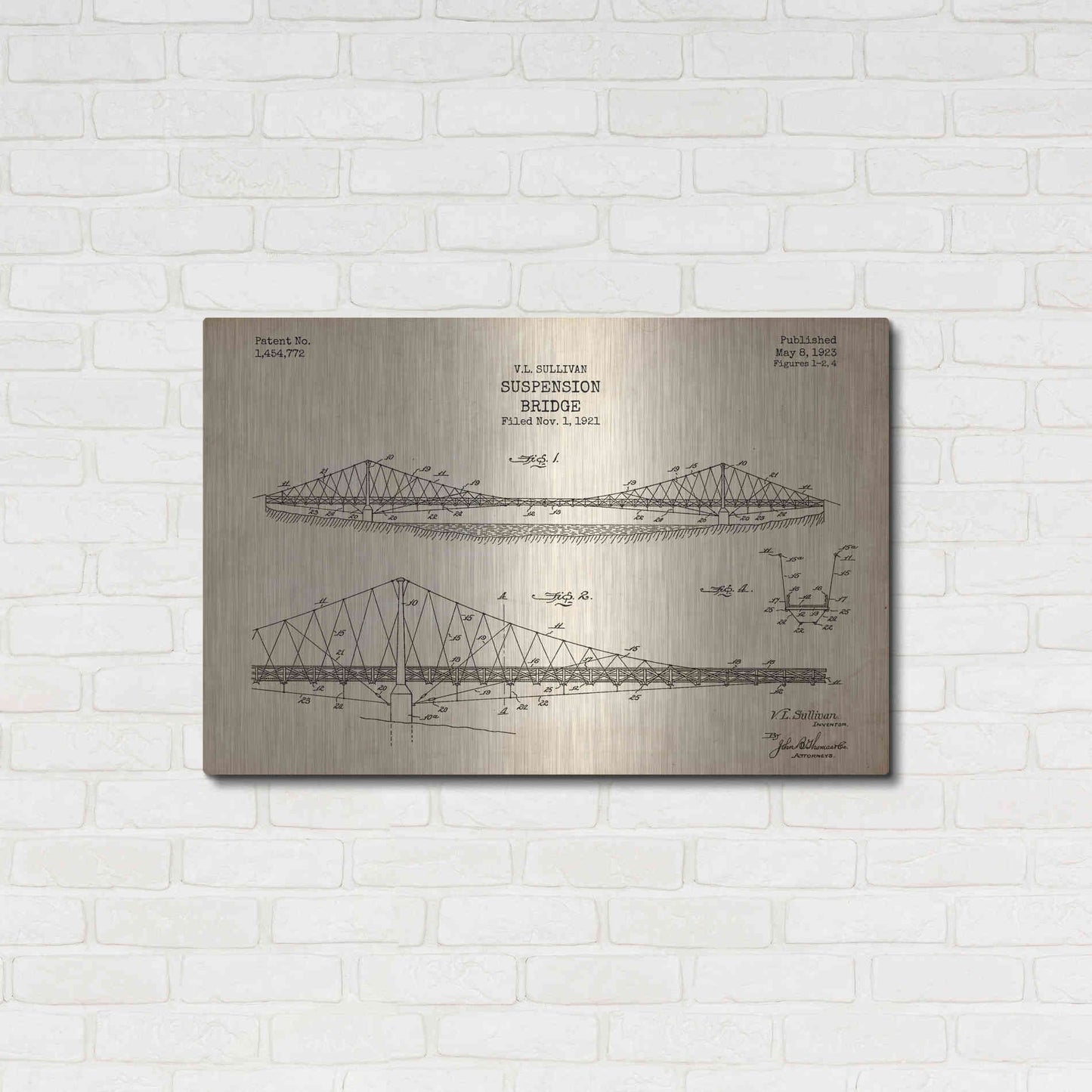 Luxe Metal Art 'Suspension Bridge Blueprint Patent Parchment' Metal Wall Art,36x24