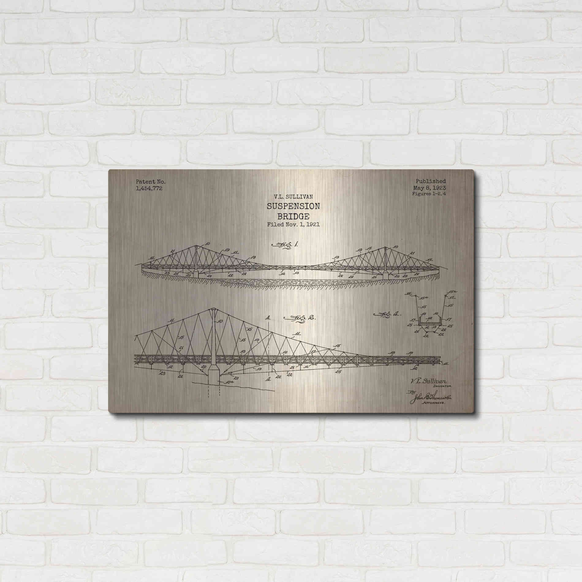 Luxe Metal Art 'Suspension Bridge Blueprint Patent Parchment' Metal Wall Art,36x24