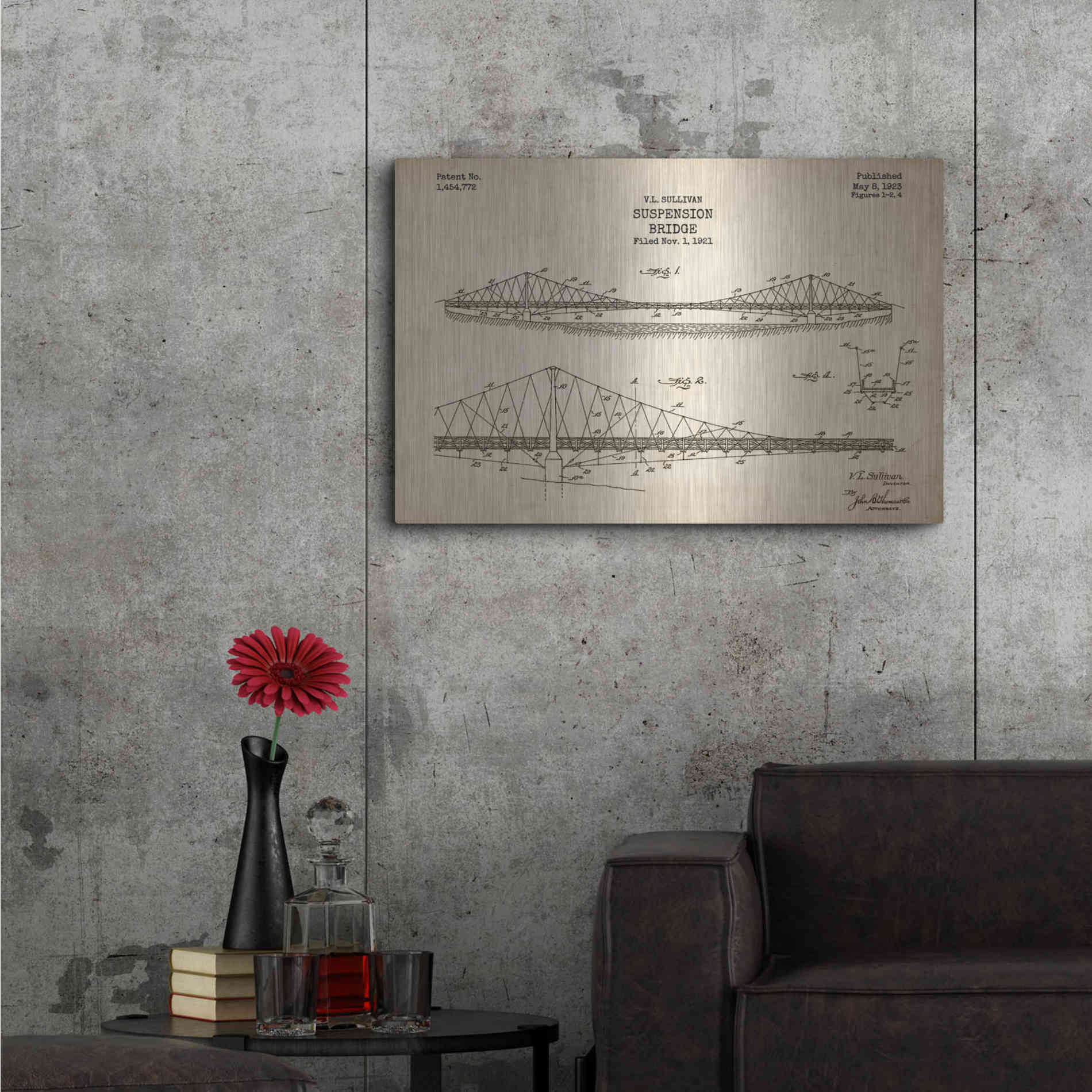 Luxe Metal Art 'Suspension Bridge Blueprint Patent Parchment' Metal Wall Art,36x24