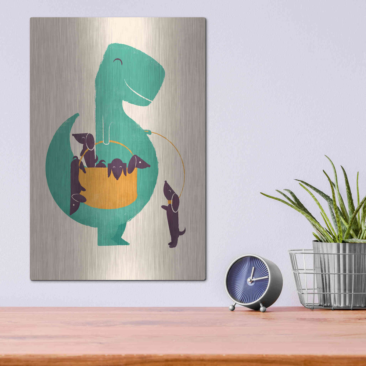 Luxe Metal Art 'T-Rex and the Basketful of Wiener Dogs' by Jay Fleck, Metal Wall Art,12x16