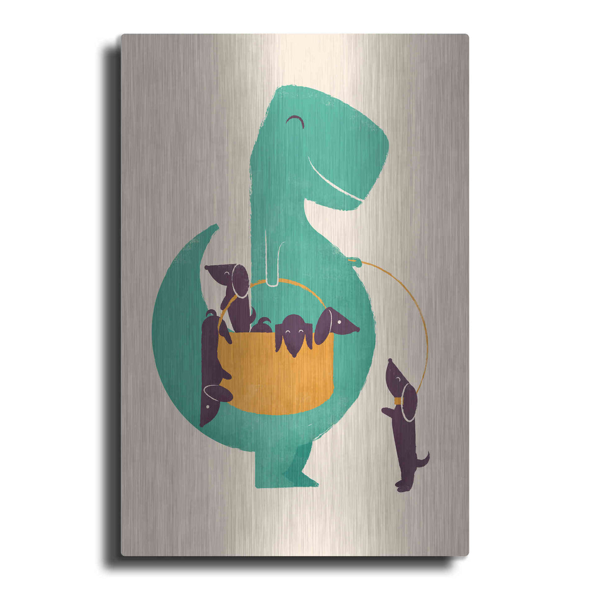 Luxe Metal Art 'T-Rex and the Basketful of Wiener Dogs' by Jay Fleck, Metal Wall Art