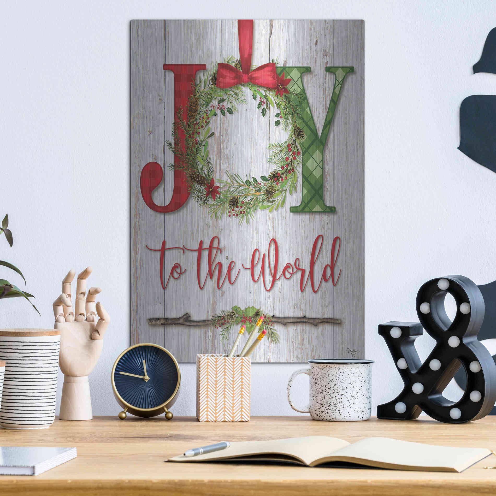 Luxe Metal Art 'Joy to the World' by Mollie B, Metal Wall Art,12x16