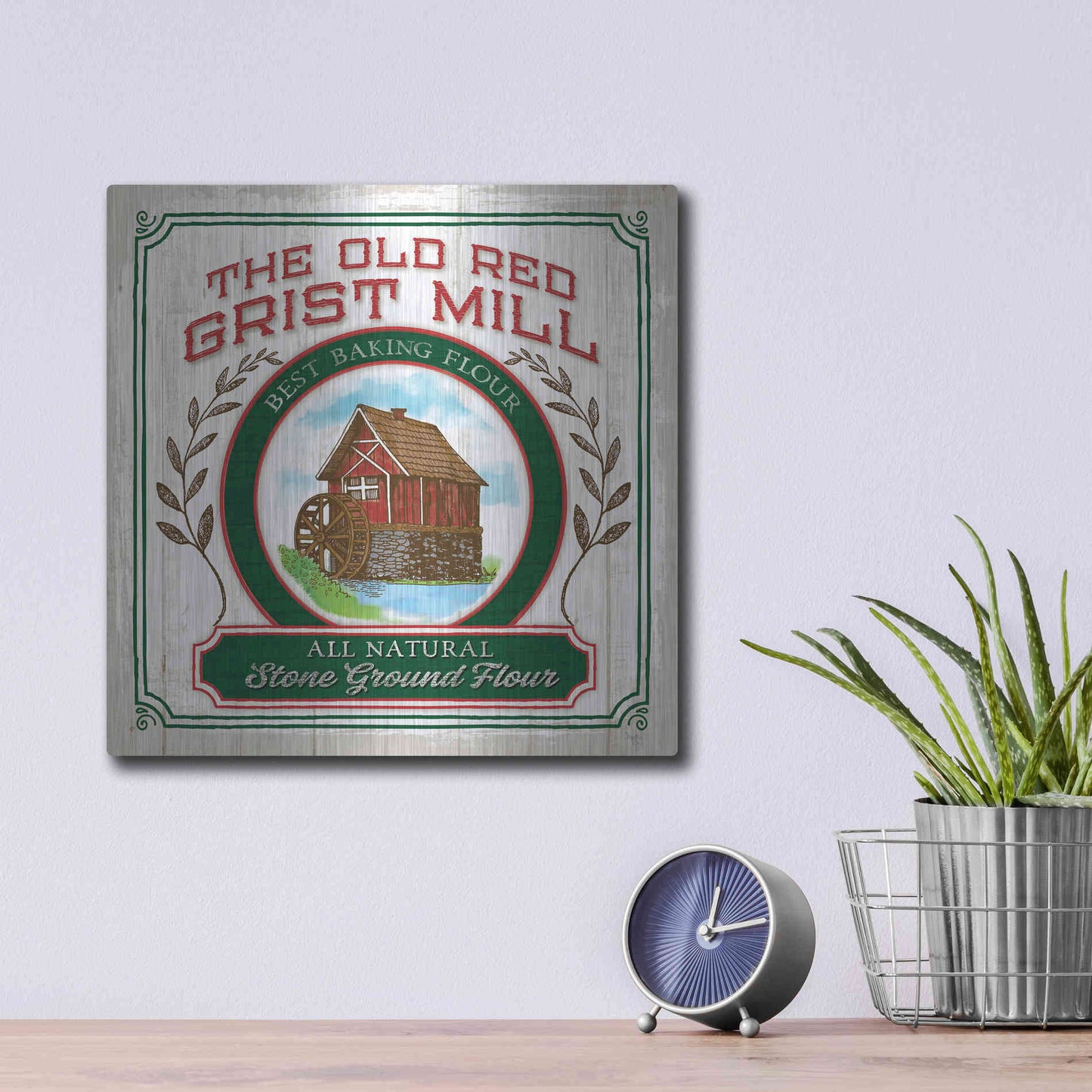 Luxe Metal Art 'Grist Mill Flour' by Mollie B, Metal Wall Art,12x12