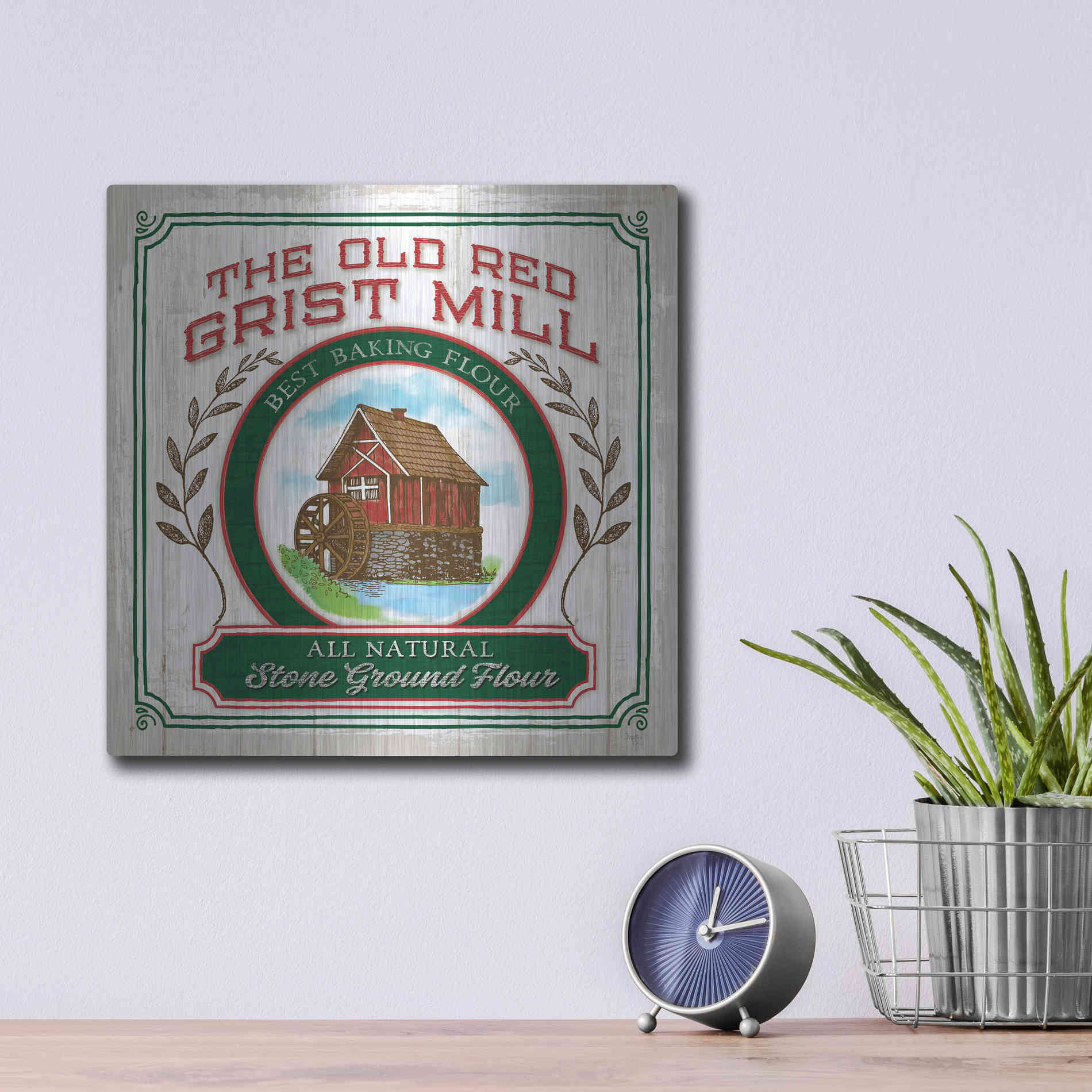 Luxe Metal Art 'Grist Mill Flour' by Mollie B, Metal Wall Art,12x12