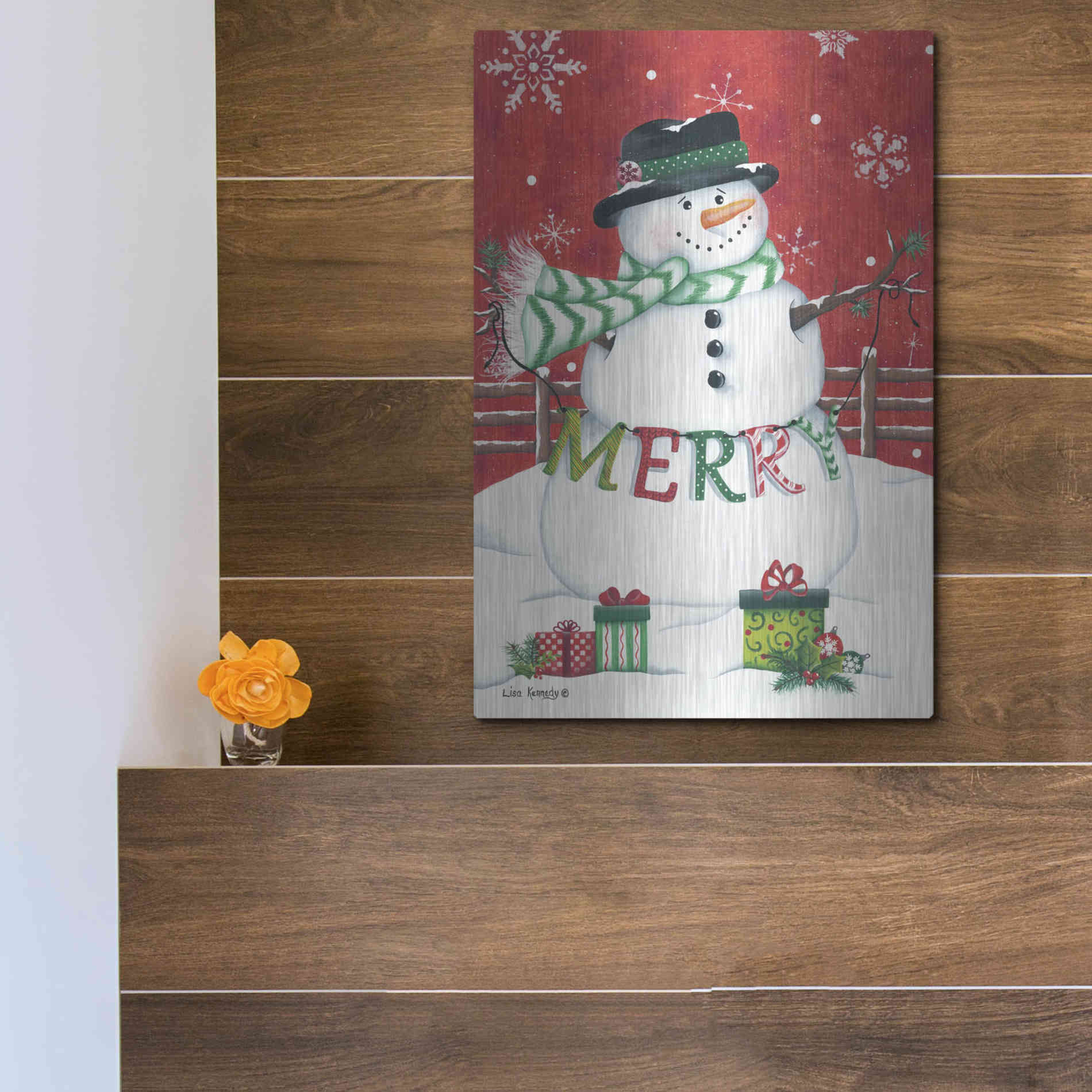 Luxe Metal Art 'Hope Snowman' by Lisa Kennedy, Metal Wall Art,12x16