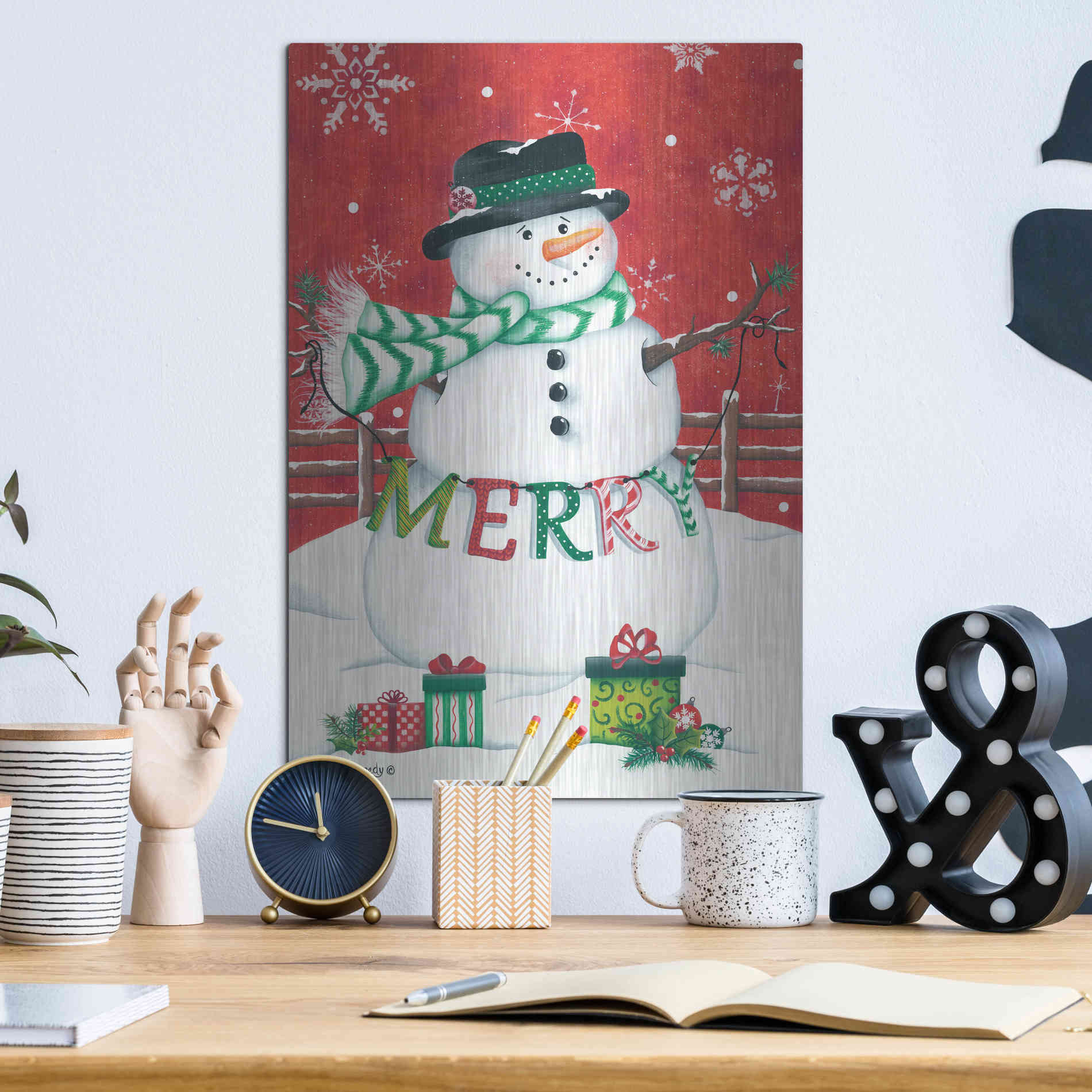 Luxe Metal Art 'Hope Snowman' by Lisa Kennedy, Metal Wall Art,12x16