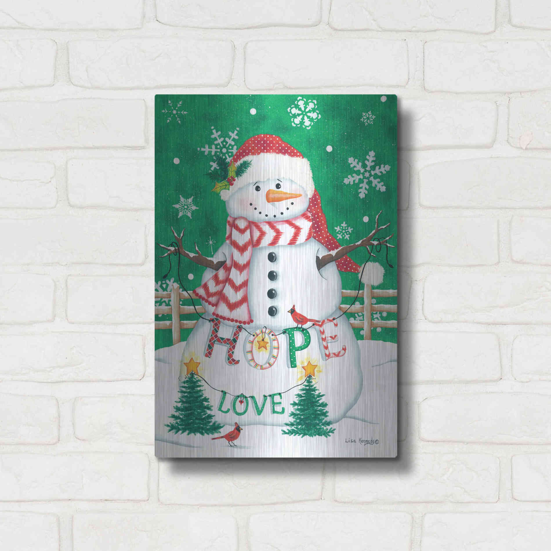 Luxe Metal Art 'Merry Snowman' by Lisa Kennedy, Metal Wall Art,12x16