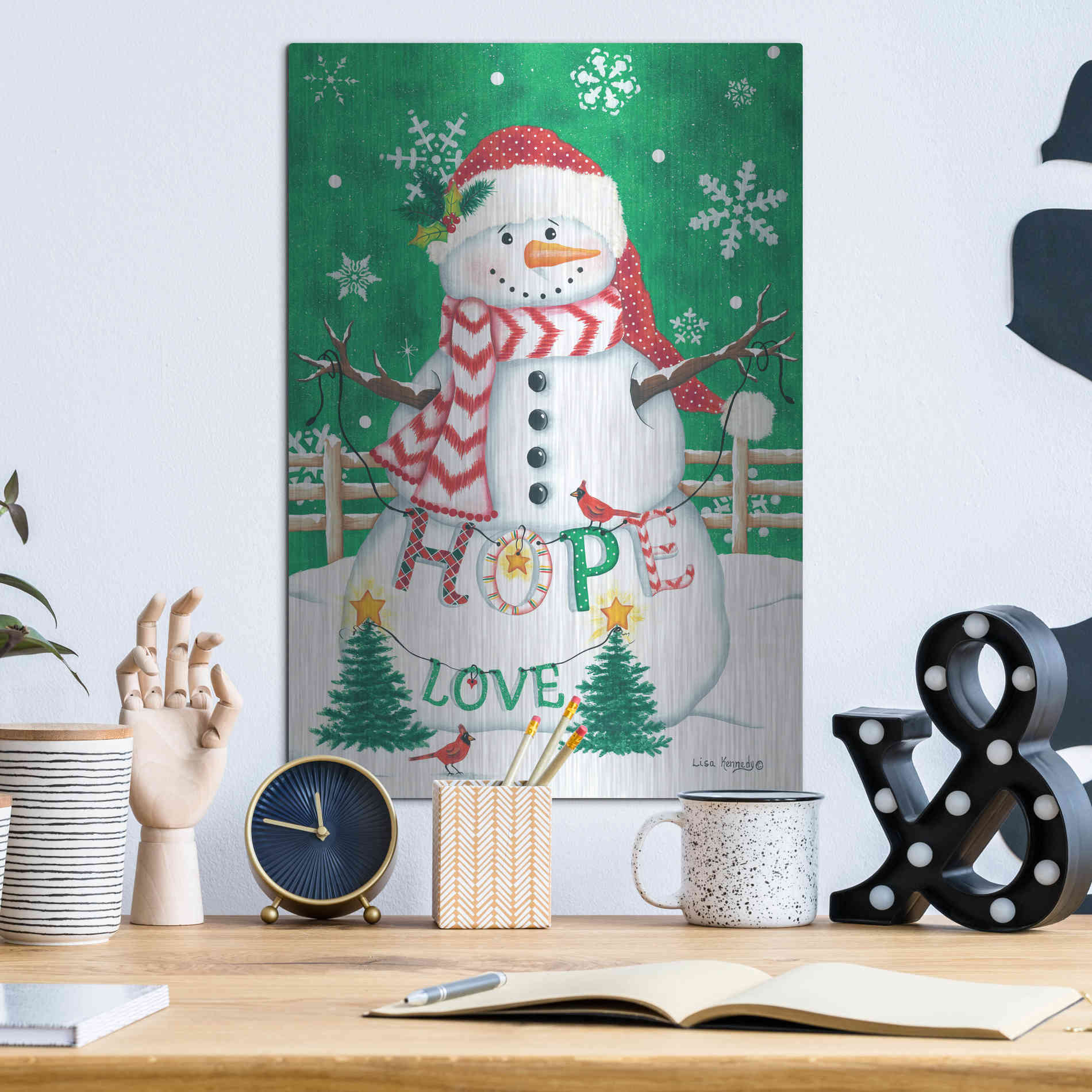 Luxe Metal Art 'Merry Snowman' by Lisa Kennedy, Metal Wall Art,12x16