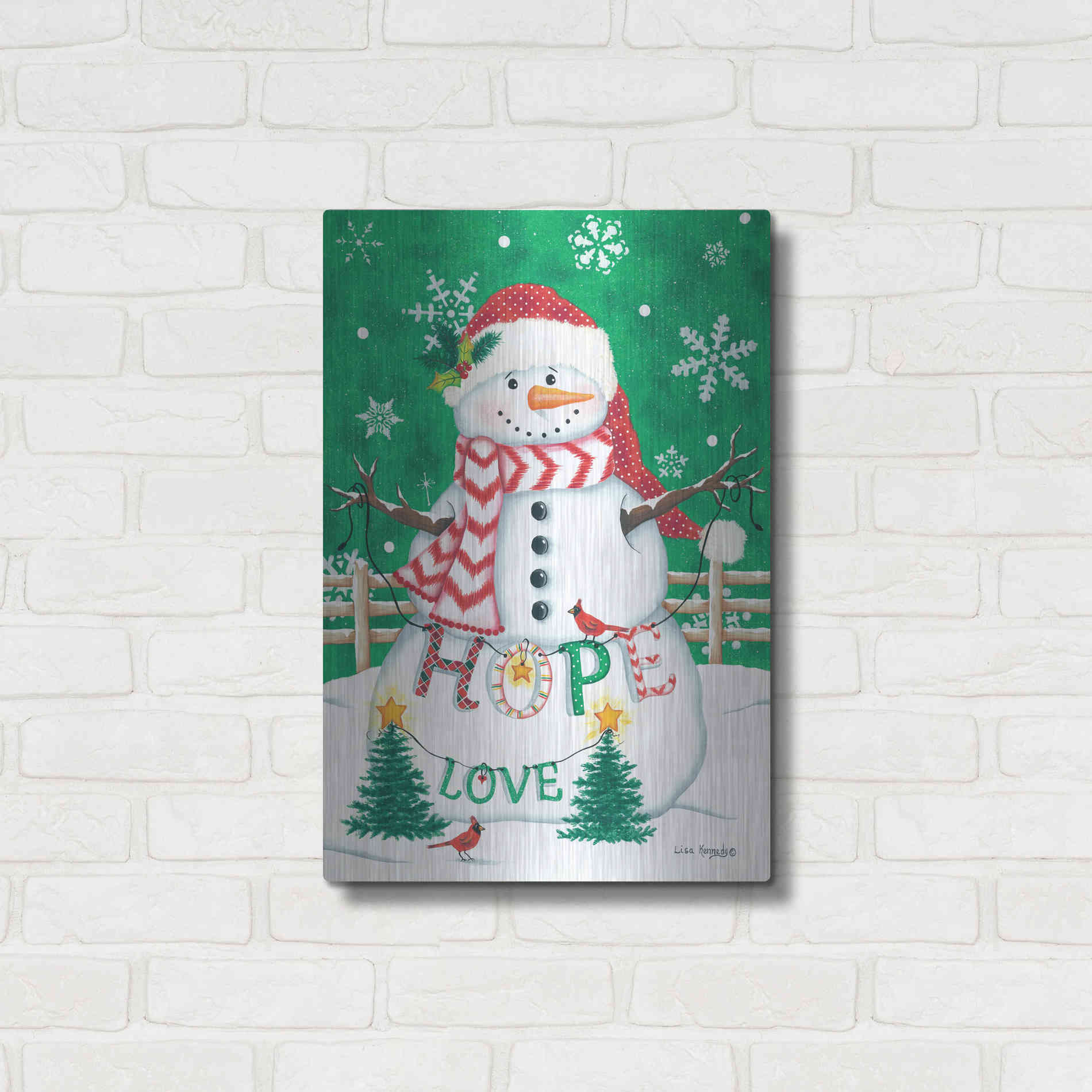 Luxe Metal Art 'Merry Snowman' by Lisa Kennedy, Metal Wall Art,16x24