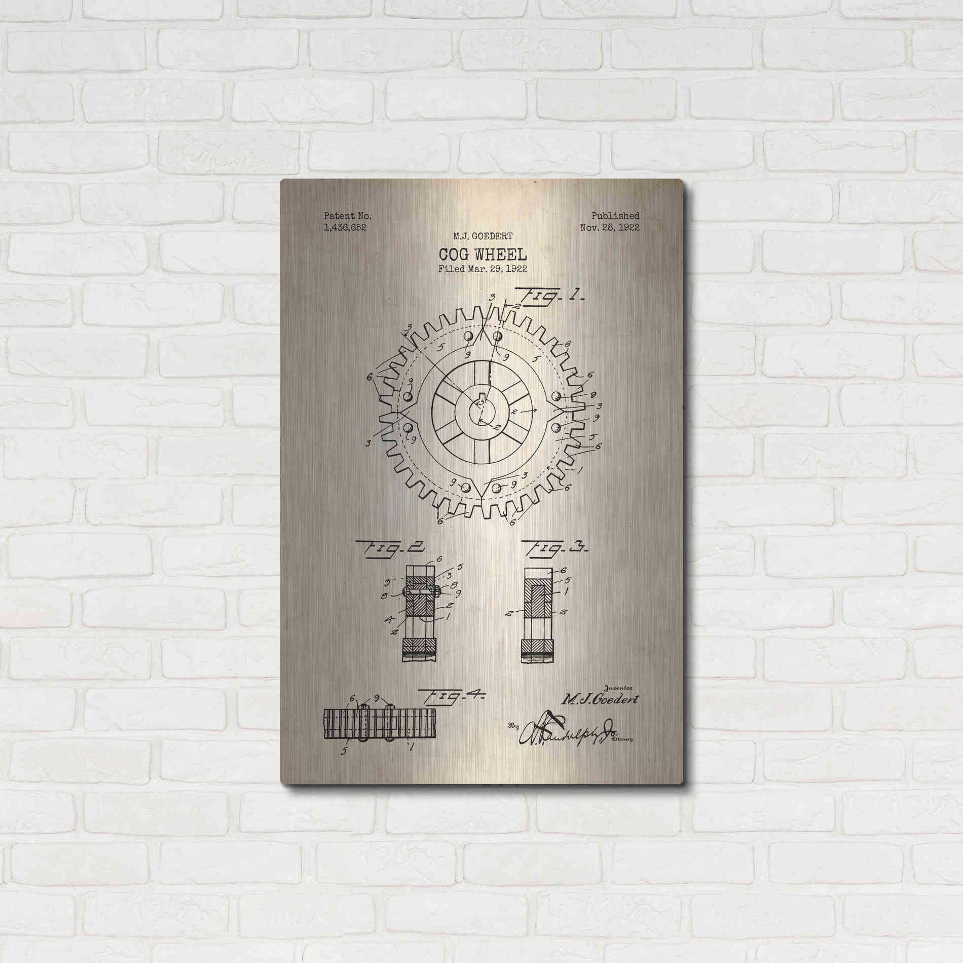 Luxe Metal Art 'Cog Wheel Blueprint Patent Parchment' Metal Wall Art,24x36