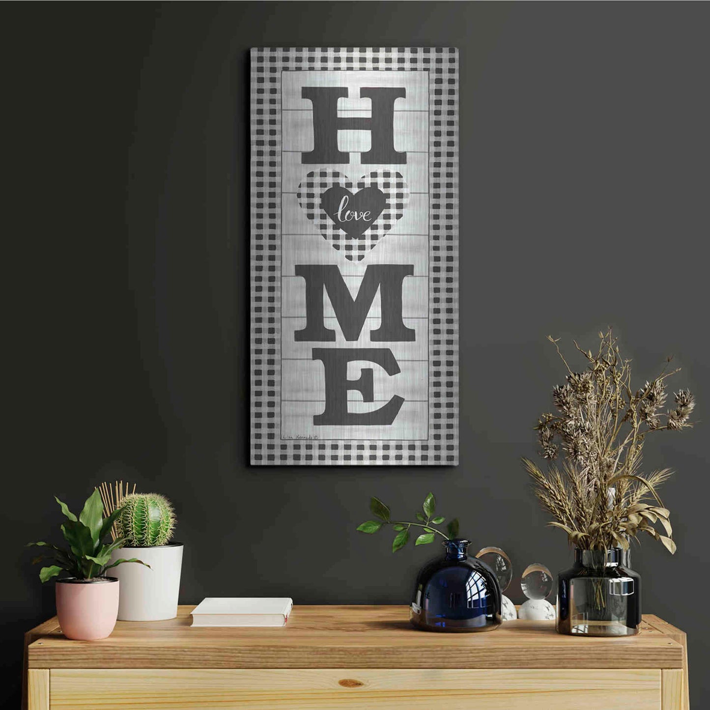 Luxe Metal Art 'Black & White Plaid Home' by Lisa Kennedy, Metal Wall Art,12x24