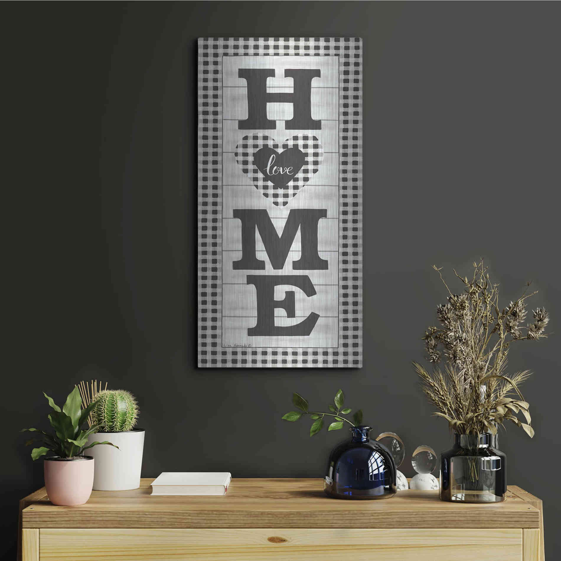 Luxe Metal Art 'Black & White Plaid Home' by Lisa Kennedy, Metal Wall Art,12x24