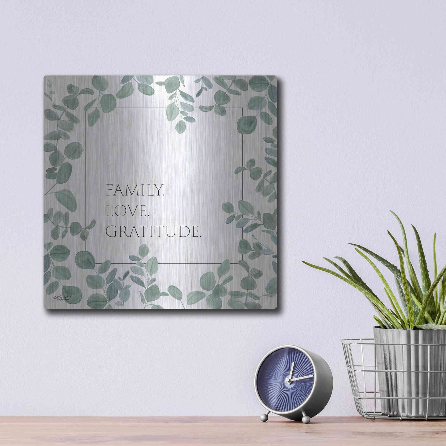 Luxe Metal Art 'Family Love Gratitude Eucalyptus' by Kate Sherrill, Metal Wall Art,12x12
