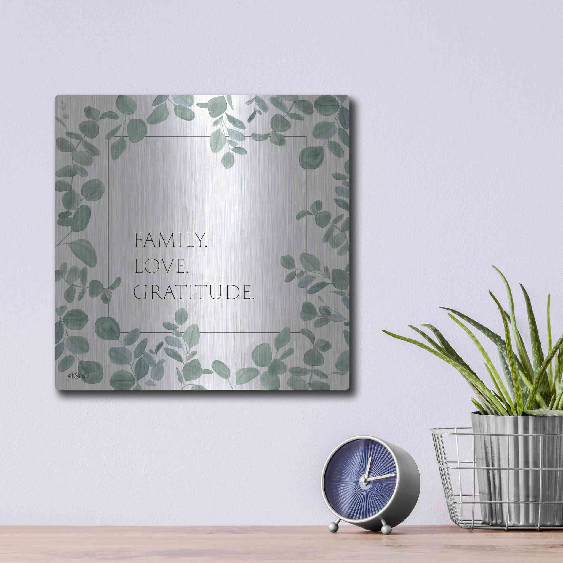 Luxe Metal Art 'Family Love Gratitude Eucalyptus' by Kate Sherrill, Metal Wall Art,12x12