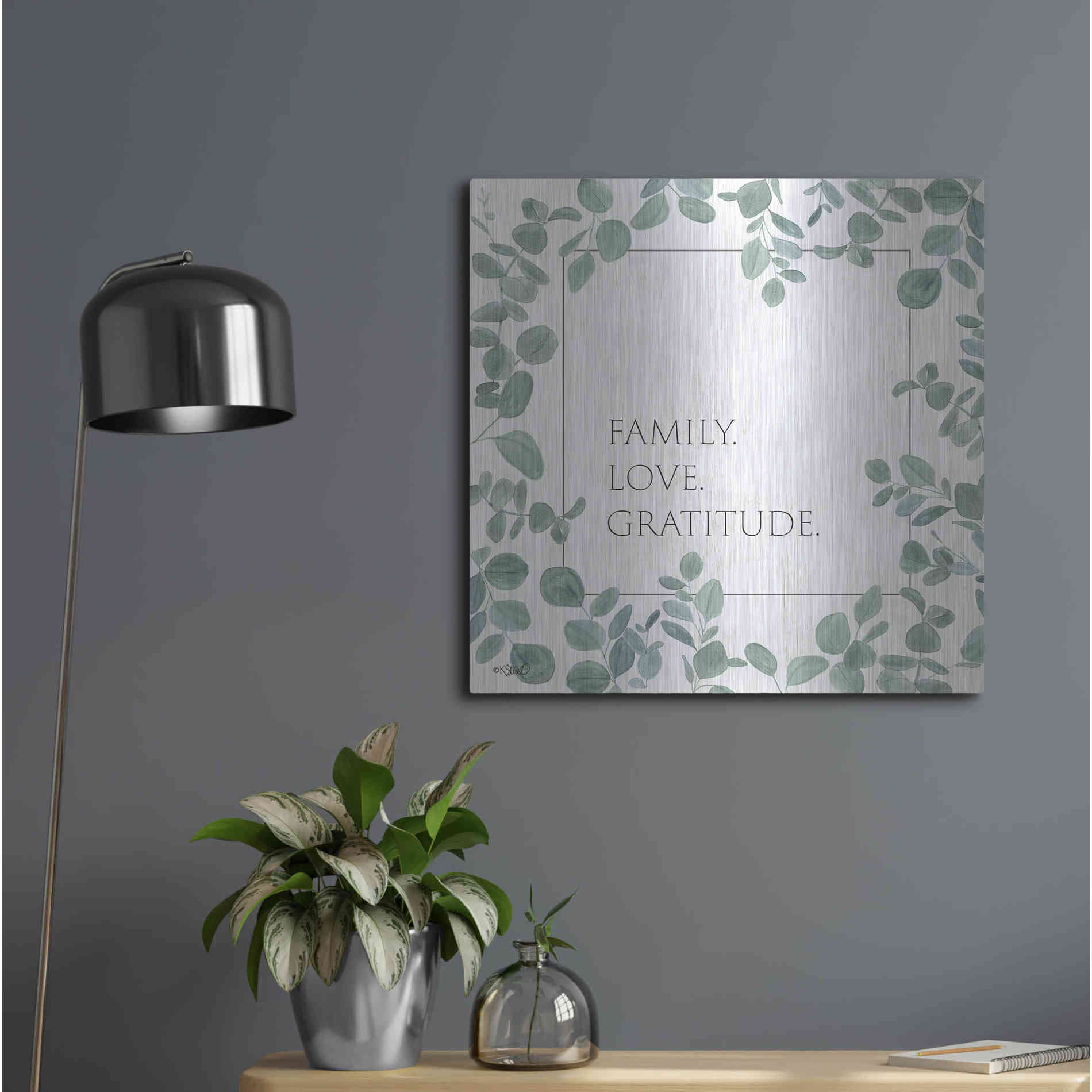 Luxe Metal Art 'Family Love Gratitude Eucalyptus' by Kate Sherrill, Metal Wall Art,24x24