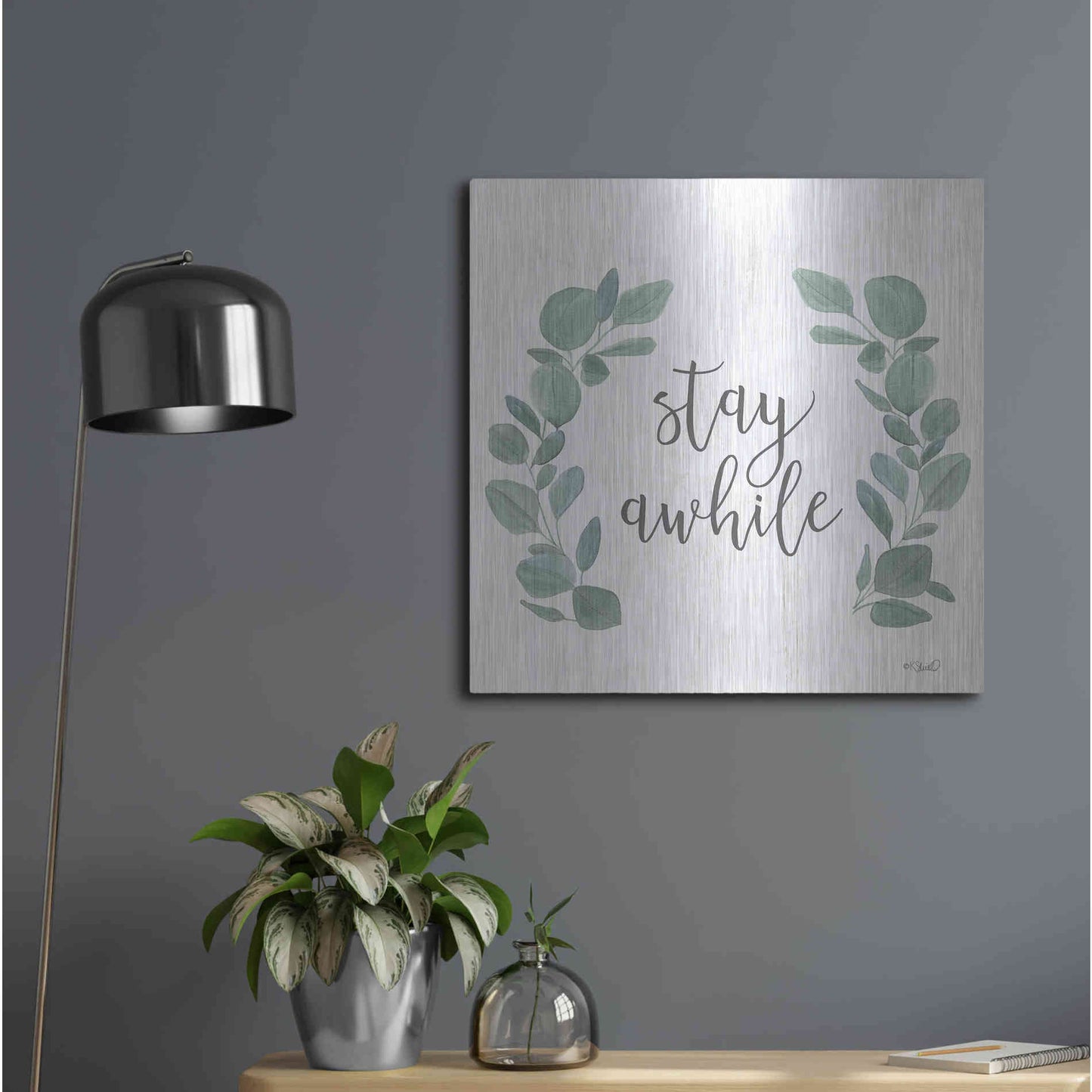 Luxe Metal Art 'Stay Awhile Eucalyptus' by Kate Sherrill, Metal Wall Art,24x24