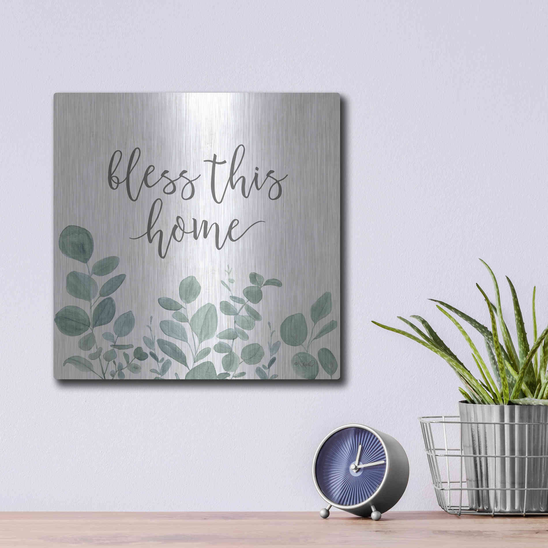 Luxe Metal Art 'Bless This Home Eucalyptus' by Kate Sherrill, Metal Wall Art,12x12