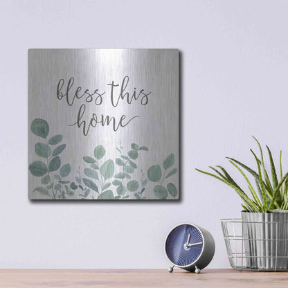 Luxe Metal Art 'Bless This Home Eucalyptus' by Kate Sherrill, Metal Wall Art,12x12
