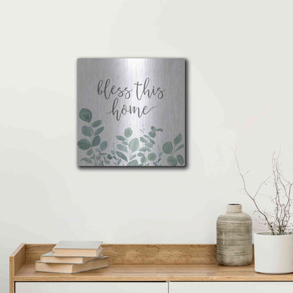Luxe Metal Art 'Bless This Home Eucalyptus' by Kate Sherrill, Metal Wall Art,12x12