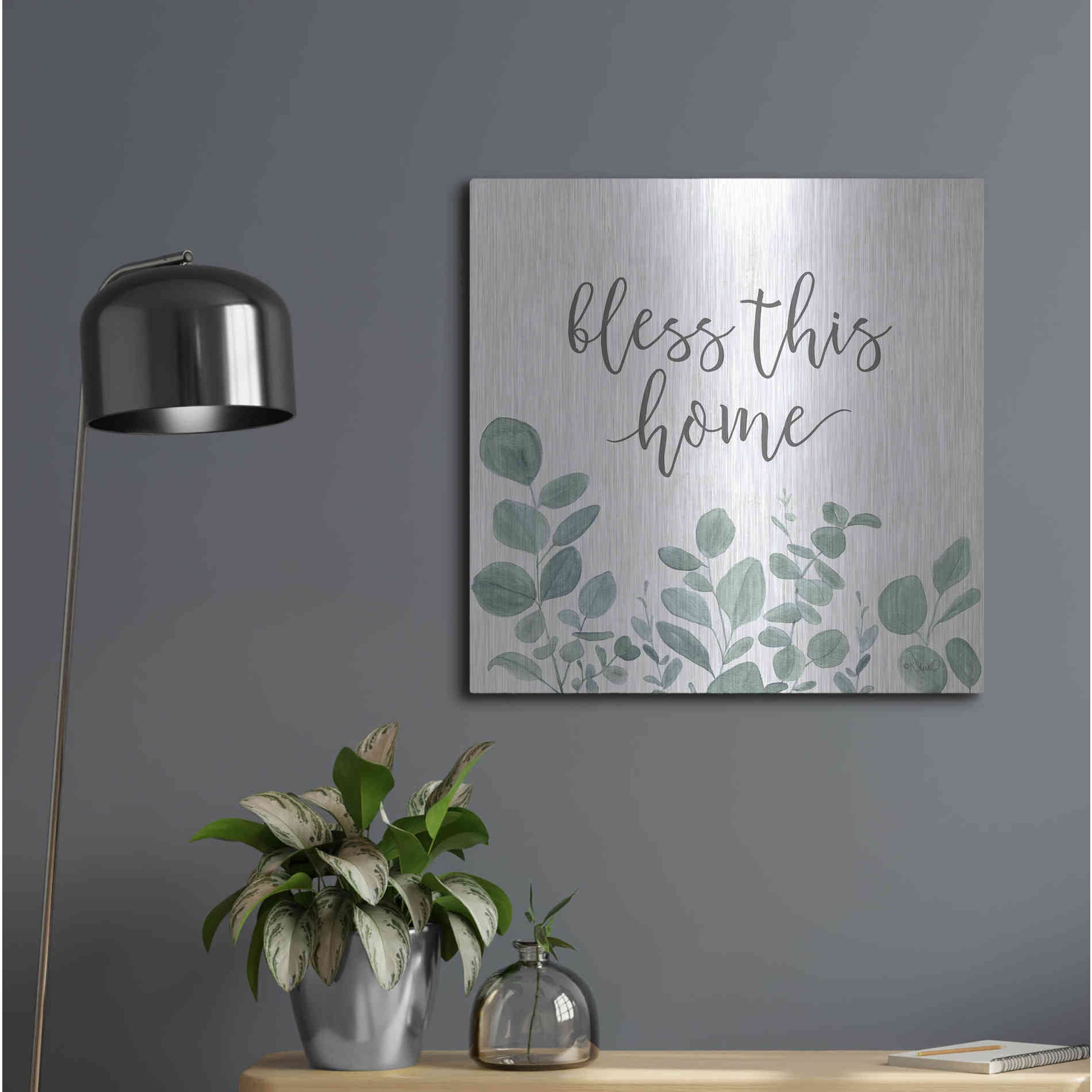 Luxe Metal Art 'Bless This Home Eucalyptus' by Kate Sherrill, Metal Wall Art,24x24