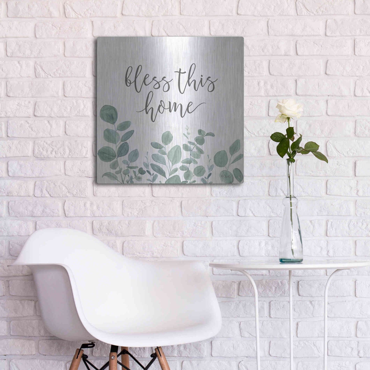 Luxe Metal Art 'Bless This Home Eucalyptus' by Kate Sherrill, Metal Wall Art,24x24