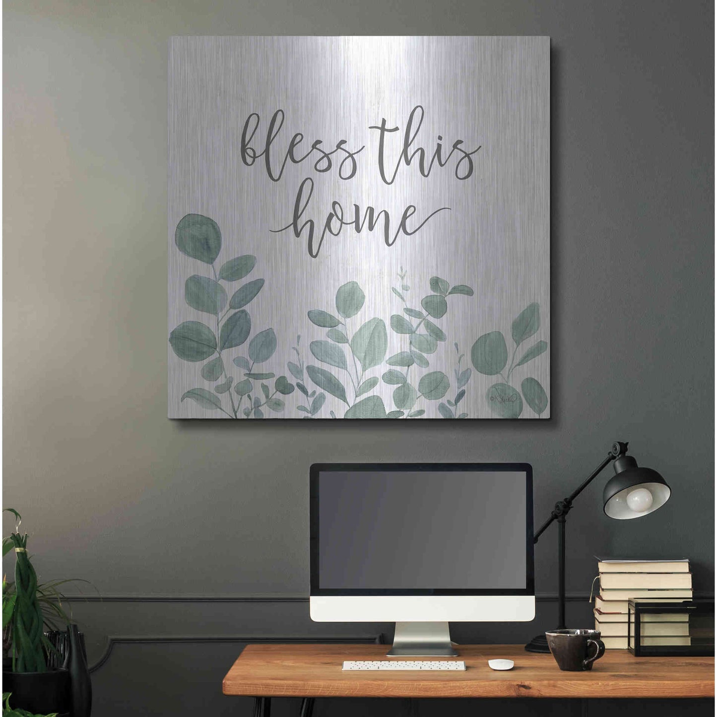 Luxe Metal Art 'Bless This Home Eucalyptus' by Kate Sherrill, Metal Wall Art,36x36