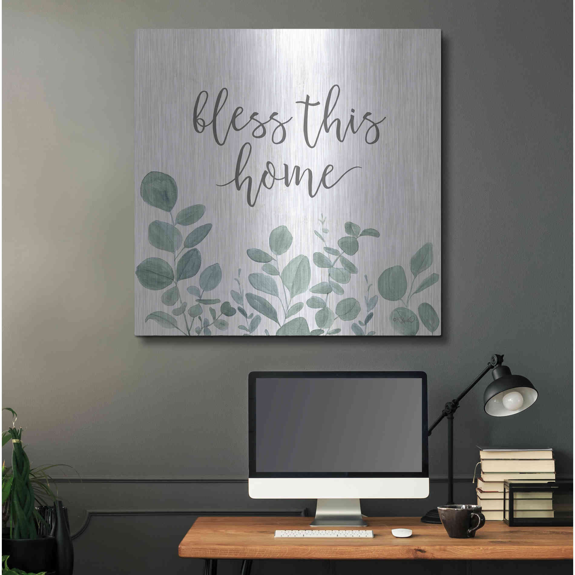 Luxe Metal Art 'Bless This Home Eucalyptus' by Kate Sherrill, Metal Wall Art,36x36