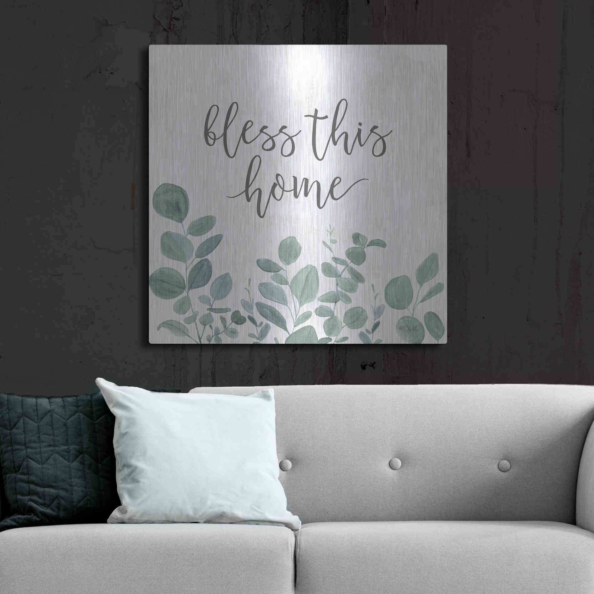 Luxe Metal Art 'Bless This Home Eucalyptus' by Kate Sherrill, Metal Wall Art,36x36