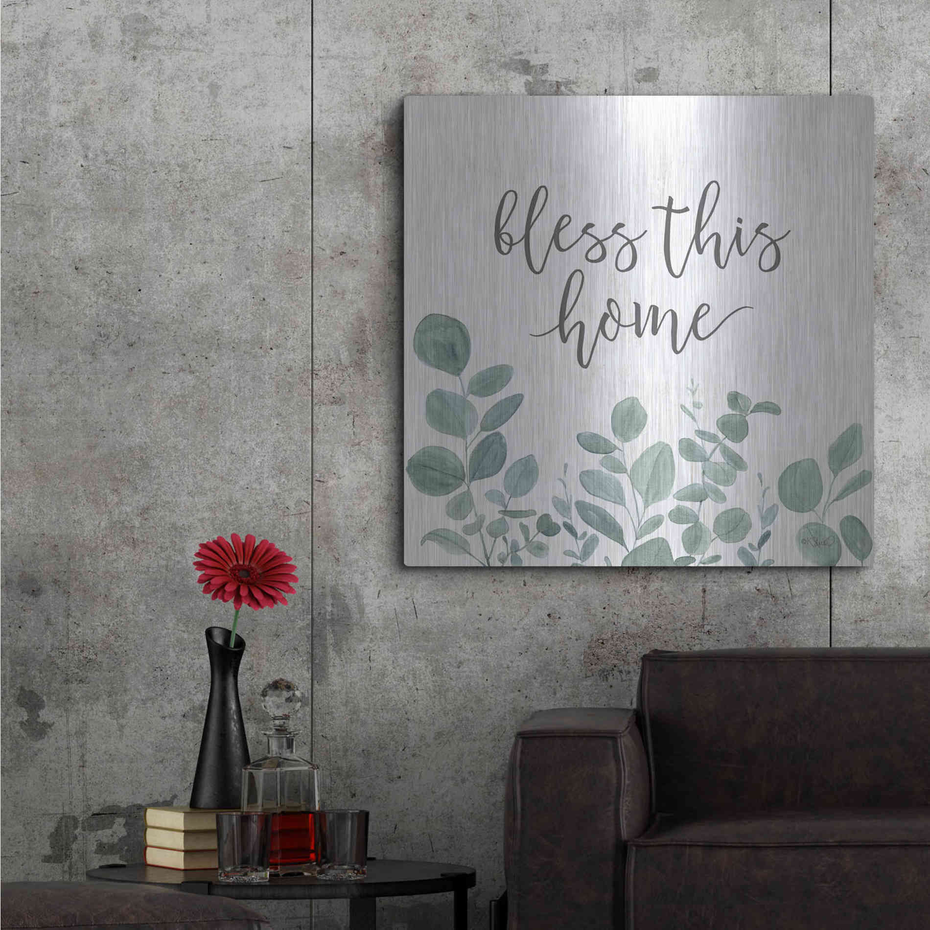 Luxe Metal Art 'Bless This Home Eucalyptus' by Kate Sherrill, Metal Wall Art,36x36