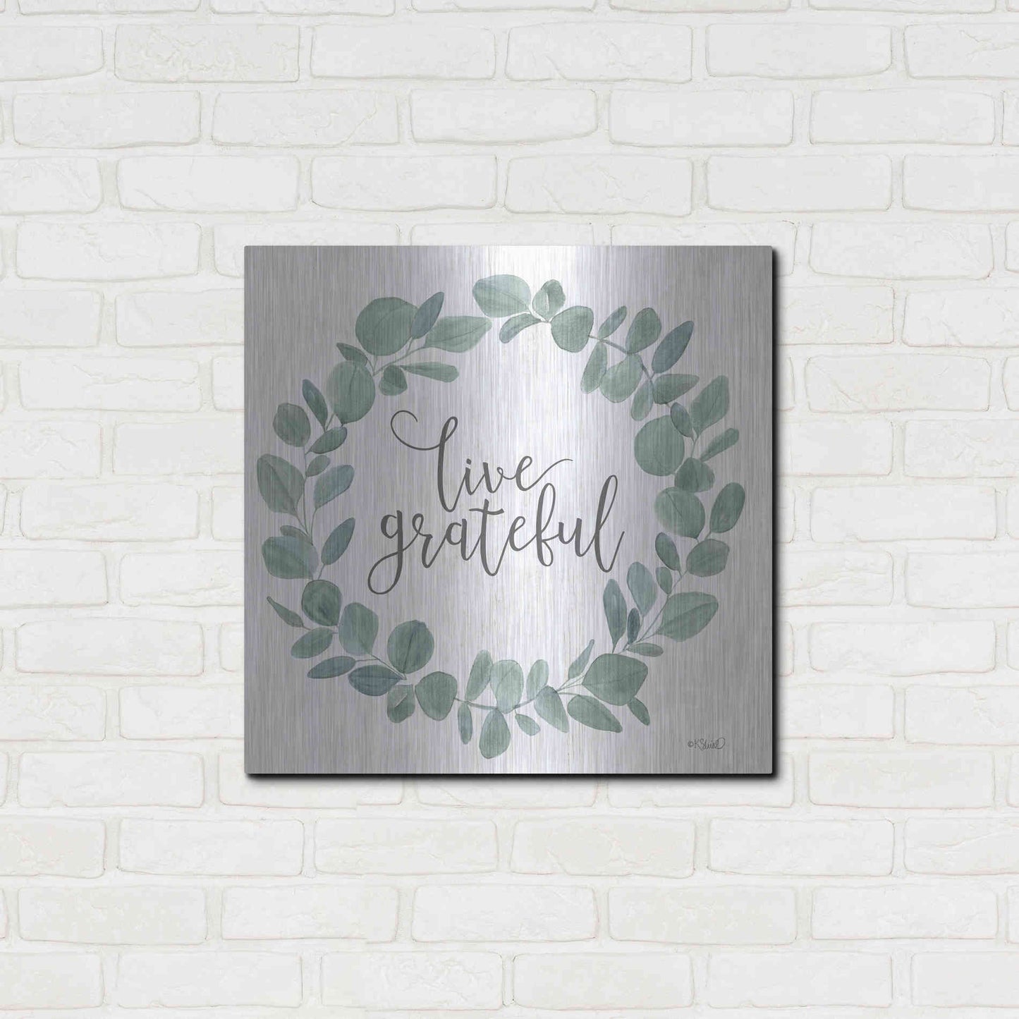Luxe Metal Art 'Live Grateful Eucalyptus Wreath' by Kate Sherrill, Metal Wall Art,24x24