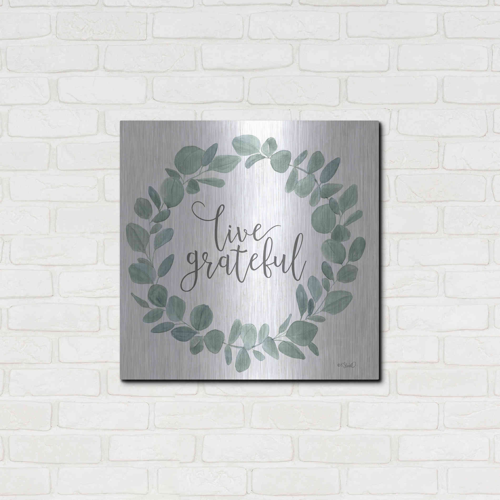 Luxe Metal Art 'Live Grateful Eucalyptus Wreath' by Kate Sherrill, Metal Wall Art,24x24
