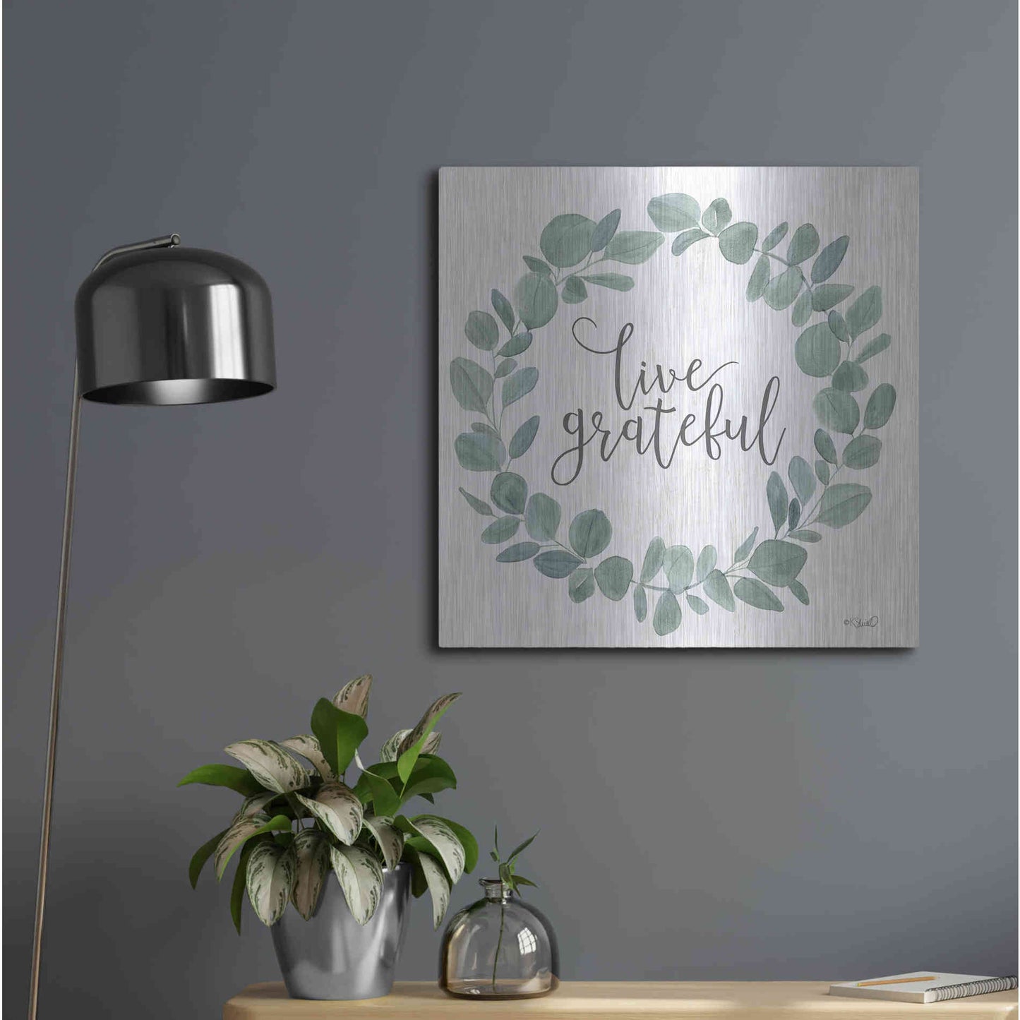 Luxe Metal Art 'Live Grateful Eucalyptus Wreath' by Kate Sherrill, Metal Wall Art,24x24