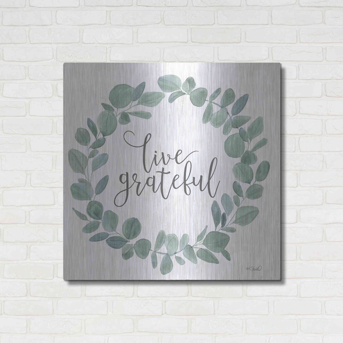 Luxe Metal Art 'Live Grateful Eucalyptus Wreath' by Kate Sherrill, Metal Wall Art,36x36