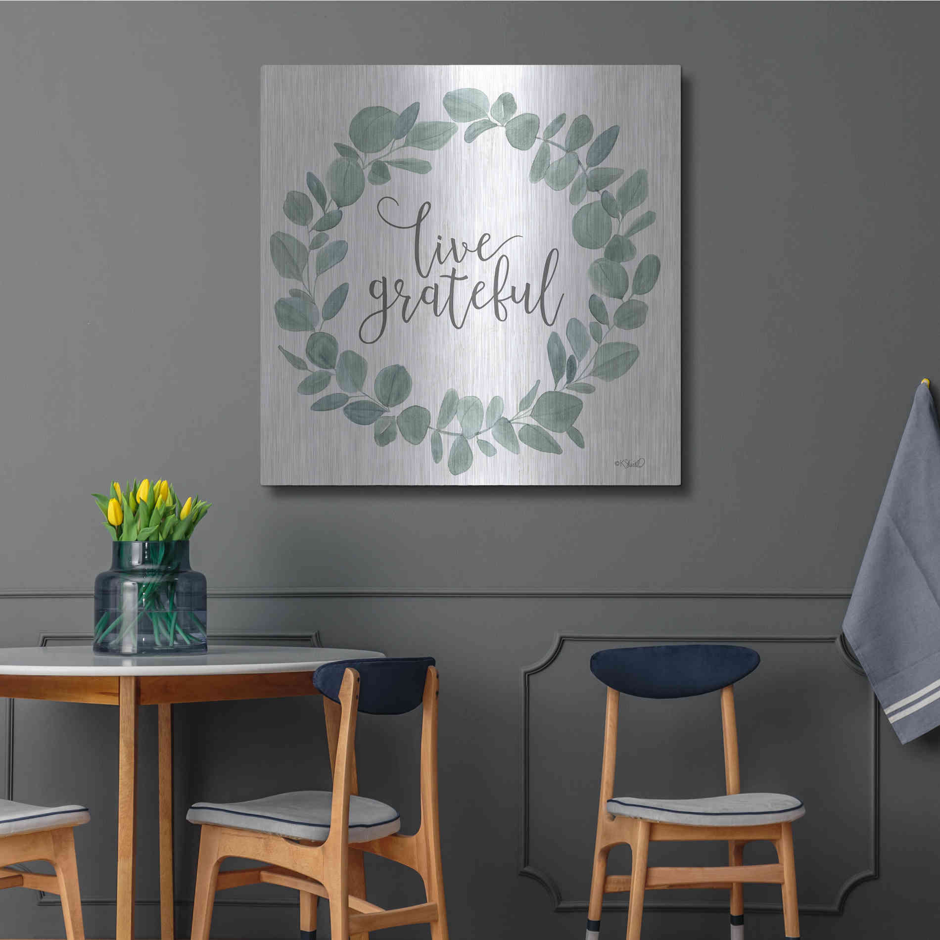 Luxe Metal Art 'Live Grateful Eucalyptus Wreath' by Kate Sherrill, Metal Wall Art,36x36