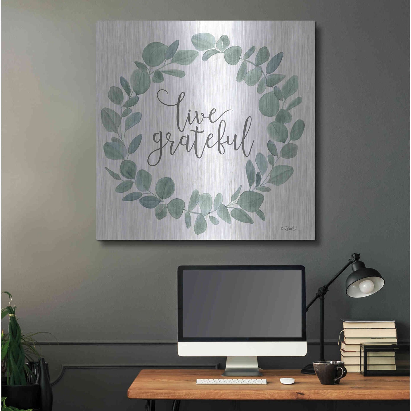 Luxe Metal Art 'Live Grateful Eucalyptus Wreath' by Kate Sherrill, Metal Wall Art,36x36