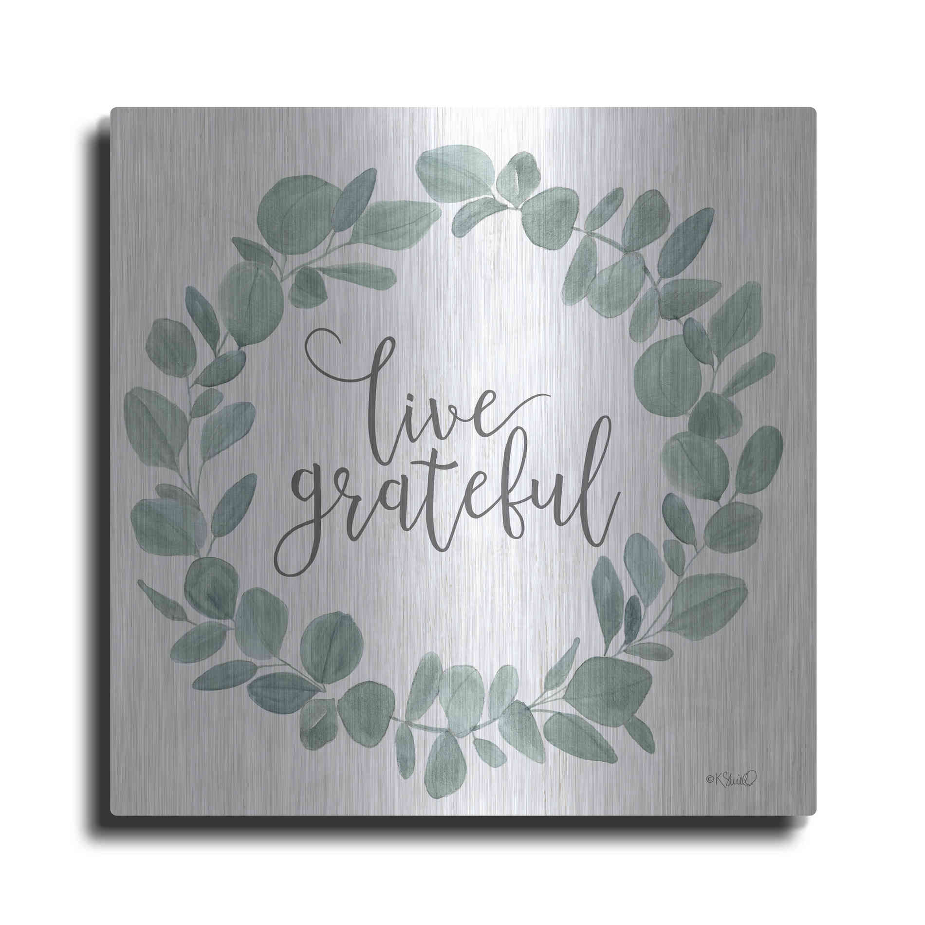 Luxe Metal Art 'Live Grateful Eucalyptus Wreath' by Kate Sherrill, Metal Wall Art