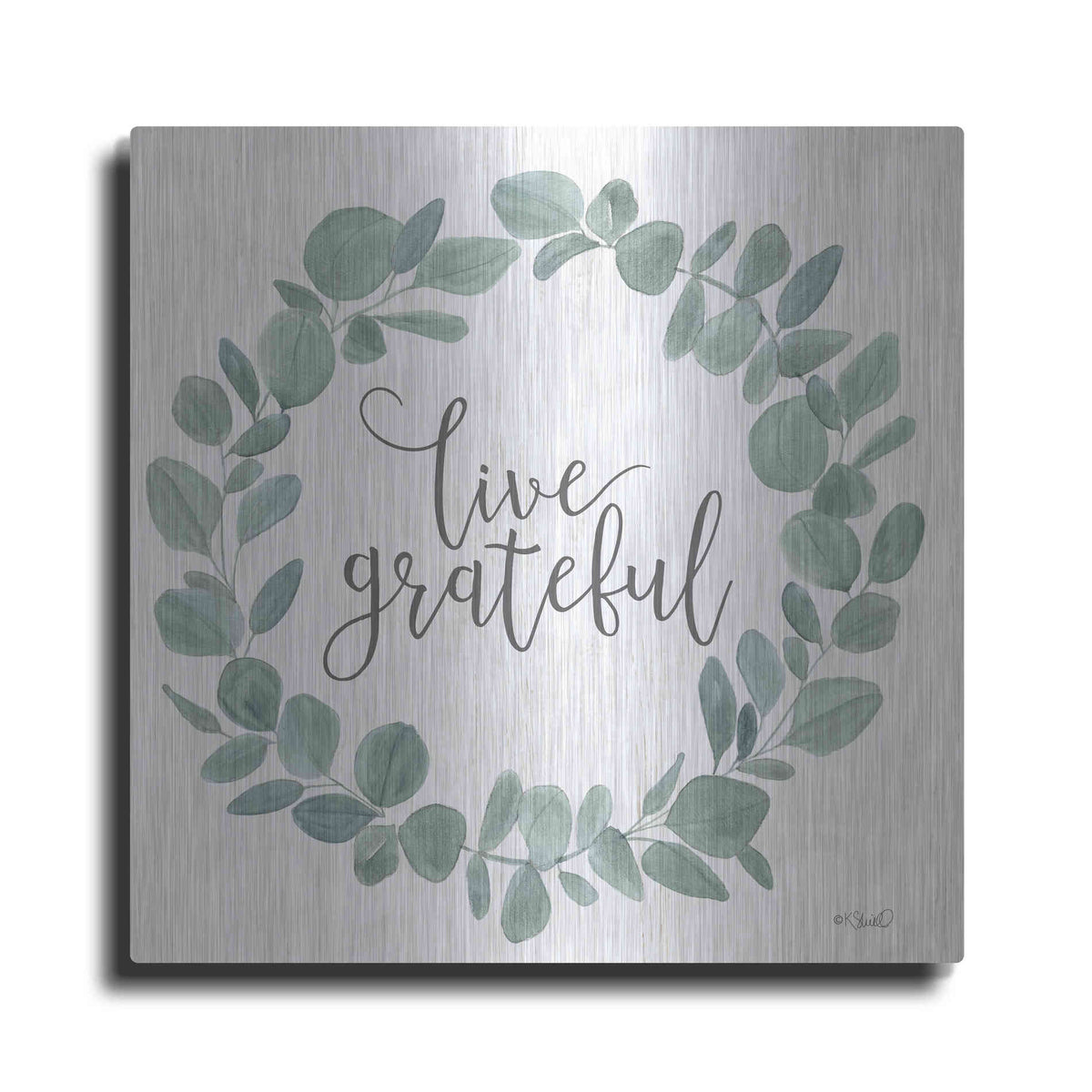 Luxe Metal Art 'Live Grateful Eucalyptus Wreath' by Kate Sherrill, Metal Wall Art