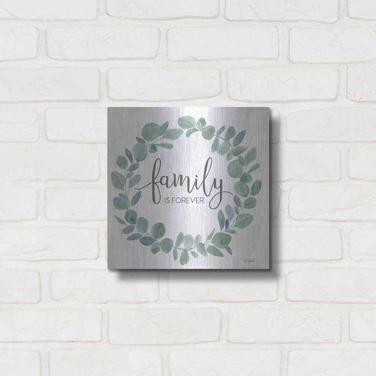 Luxe Metal Art 'Family Forever Eucalyptus Wreath' by Kate Sherrill, Metal Wall Art,12x12