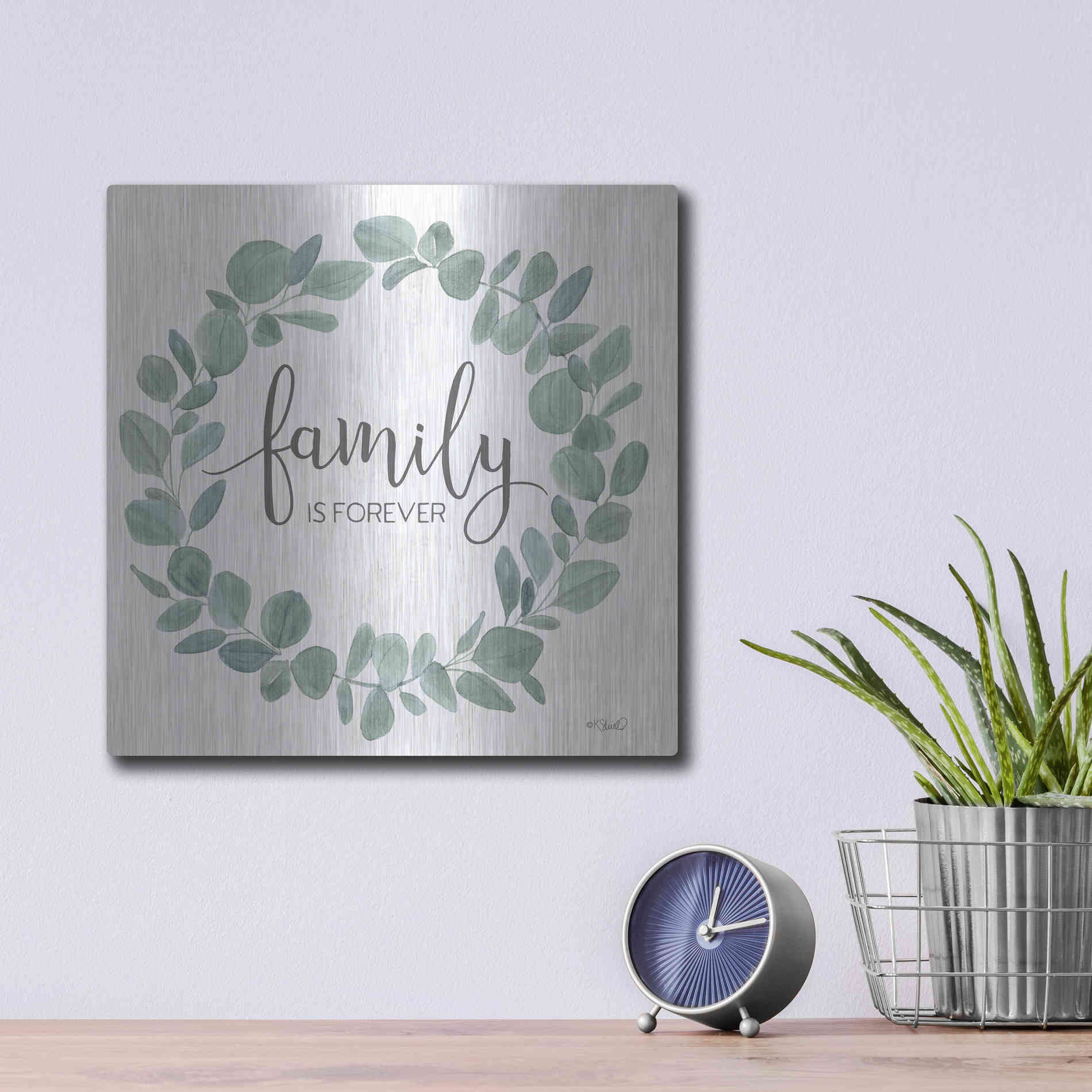 Luxe Metal Art 'Family Forever Eucalyptus Wreath' by Kate Sherrill, Metal Wall Art,12x12