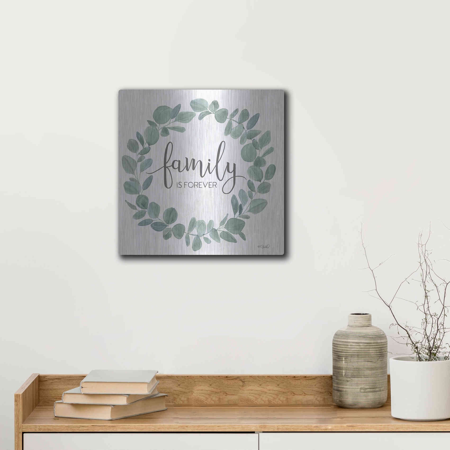 Luxe Metal Art 'Family Forever Eucalyptus Wreath' by Kate Sherrill, Metal Wall Art,12x12